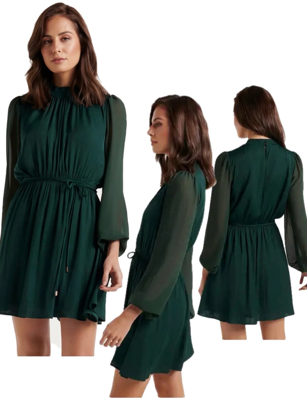 Forever New Willa Dark Green High Neck Long Sleeve Mini Dress Size US 8 EU 40